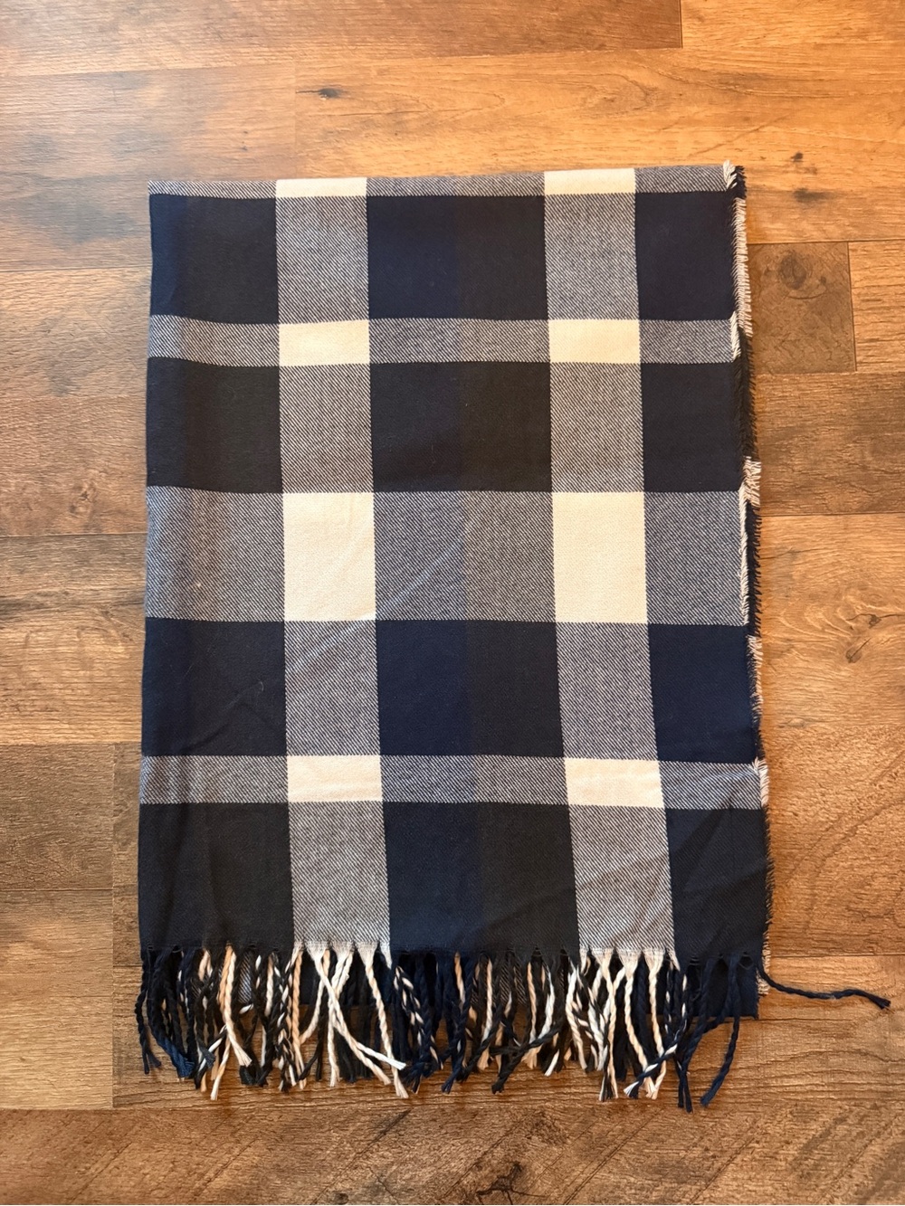 Navy and Cream Plaid Fringe Scarf